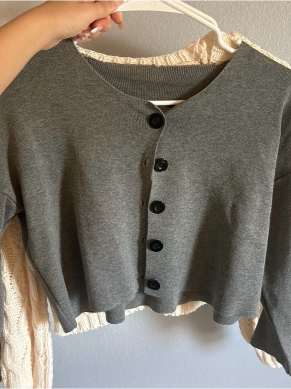 Grey Button-Front Cropped Cardigan